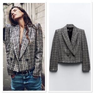 NWT Zara Checkered Lapel Collar Double Breasted Buttoned Cropped Blazer Sz:M